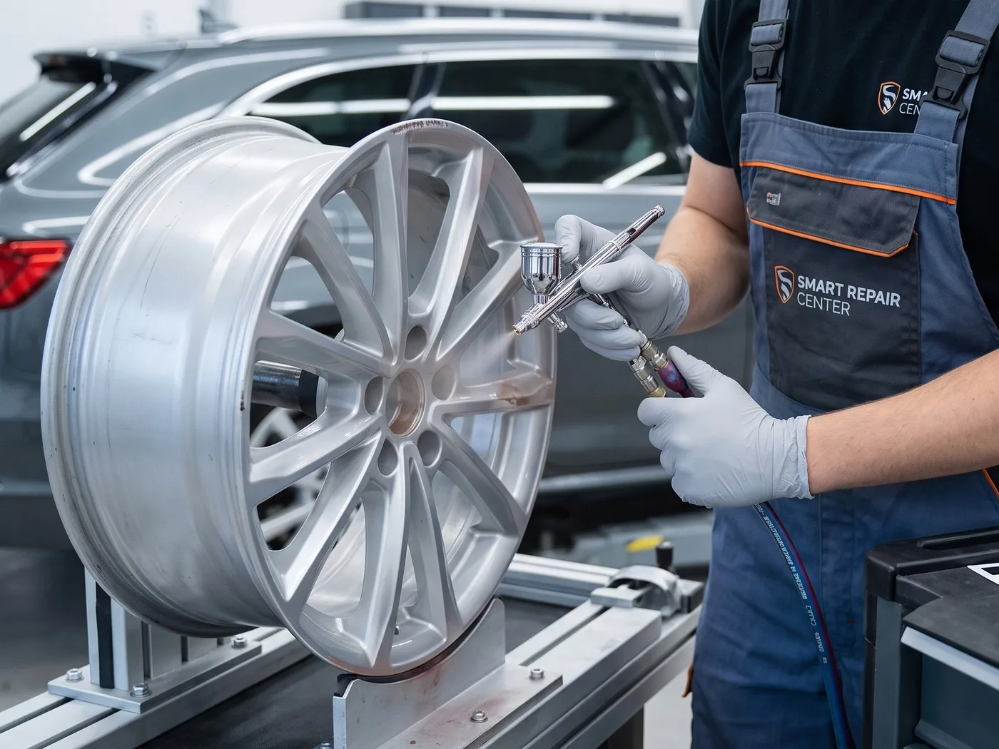 Alufelge wird per Smart Repair aufbereitet – Felgenreparatur im GT Service Studio in Eichenau bei München