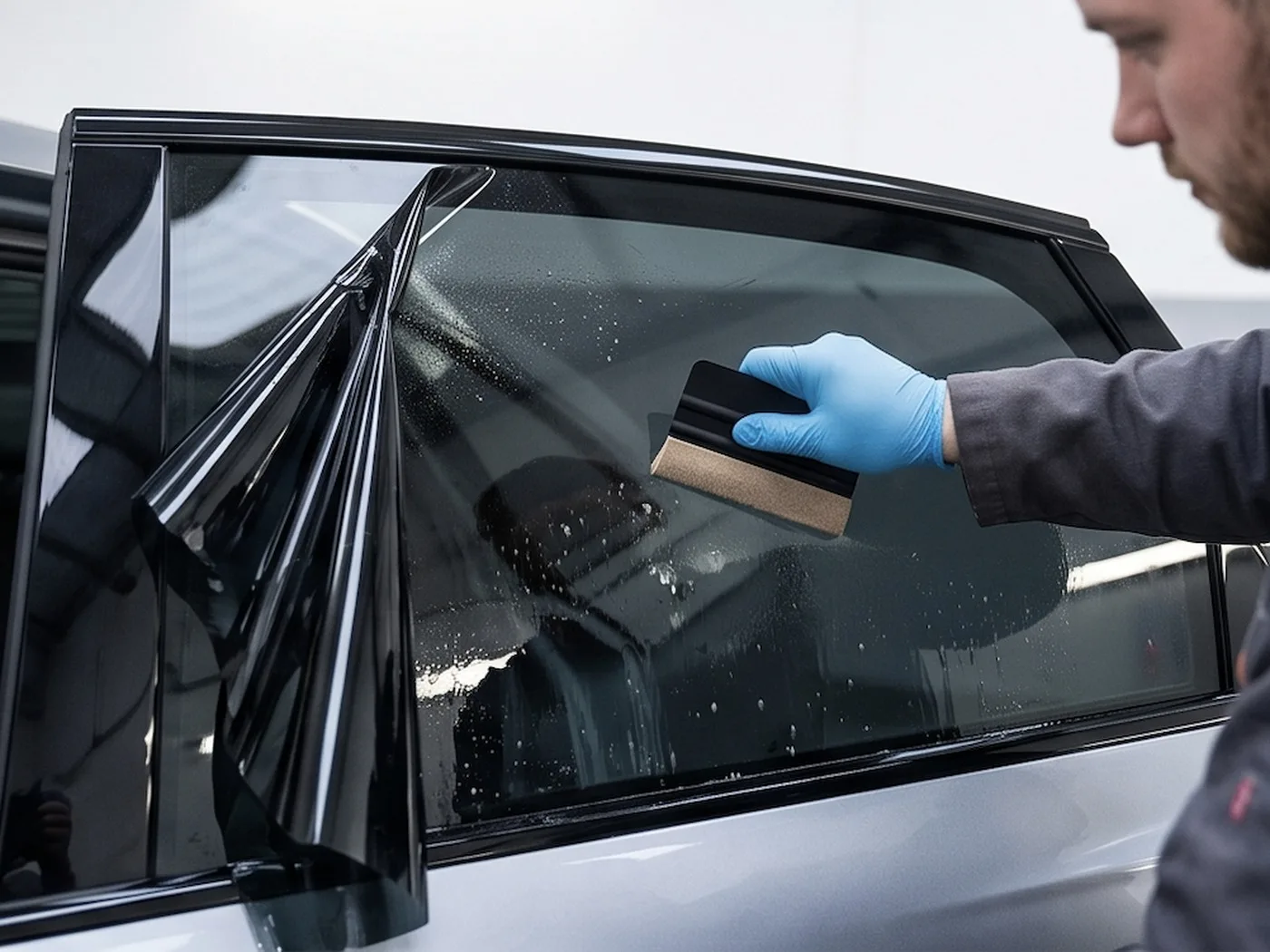 Tönungsfolie wird mit dem Rakel blasenfrei auf der hinteren Seitenscheibe verklebt – Scheibentönung in München