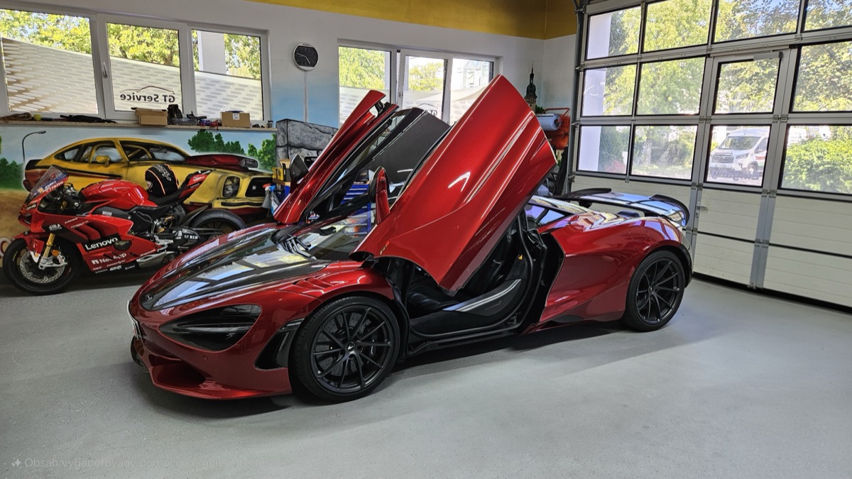 Blick ins GT Service Studio: McLaren 750S in Volcano Red mit geöffneten Flügeltüren beim Show-Detailing